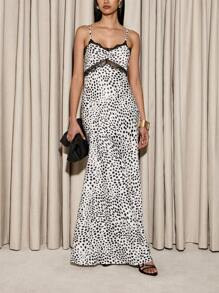 AiiRZ Elegant Maxi Slip Dress Animal Print Black White Lace Trim Evening Cocktail Party Special Occasion Spaghetti Strap Full Length Dress