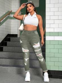 SHEIN EZwear Jeans pitillo de talla grande de mezclilla azul de lavado medio elásticos y rasgados, de aspecto sexy