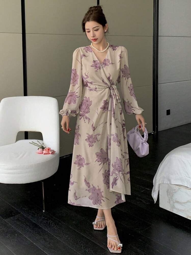 1 Pc Women's Floral Pattern V-Neck Long Wrap Dress, Purple, Spring/Summer/Autumn Long Sleeve Dress Maxi Dress