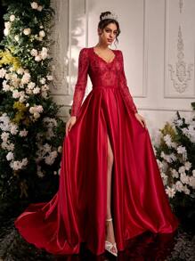 Glamrae Elegant Luxurious Romantic V-Neck Long Sleeve French Lace And Chiffon With Ruffle And Backless Design, Glossy Satin Extra-Large A-Line Hem Wedding Dress, Suitable For Weddings, Parties, Vacation, Graduation, Bridal - Red - View 8