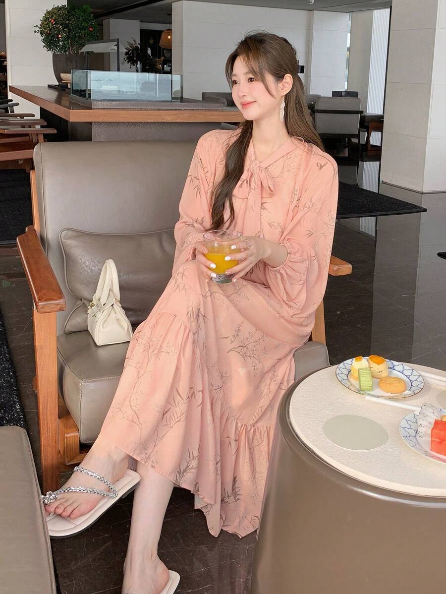 DAZY Women's Loose All-Over Floral Mid-Calf Dress,Ruffle - Pink - View 1