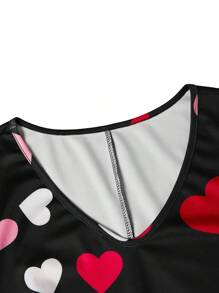 SHEIN LUNE Plus Size Women's Valentine's Day V-Neck Heart Print Long Sleeve Dress