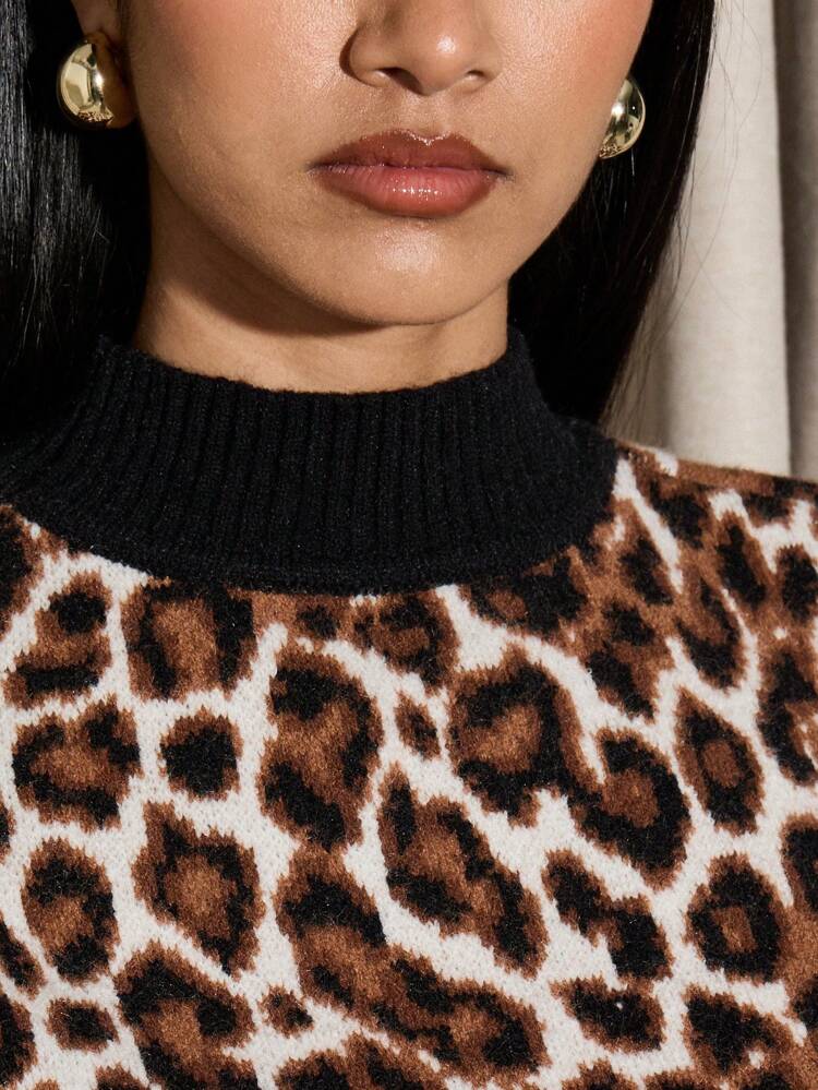 Sleeveless Knit Turtleneck Leopard Print Sweater Vest