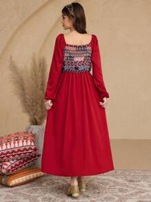SHEIN Kleid mit Puffärmeln und Retro-Print für Teenager Mädchen - Bordeaux - Übersicht 2