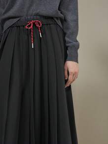 Muvela 女式中长款褶皱裙，海军蓝纯色，前系带蝴蝶结撞色腰带，极简主义 A 字裙，适合春季服装