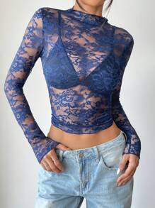 EgrlEra Women's Dark Blue Lace Long Sleeve Top: Sheer Floral Mock Neck Crop Top - Navy Blue - View 3