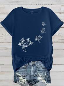 EMERY ROSE Plus Size Summer Turtle Printed Short Sleeve Round Neck T-Shirt, Graphic Tee, Women Top - Navy Blue - View 1