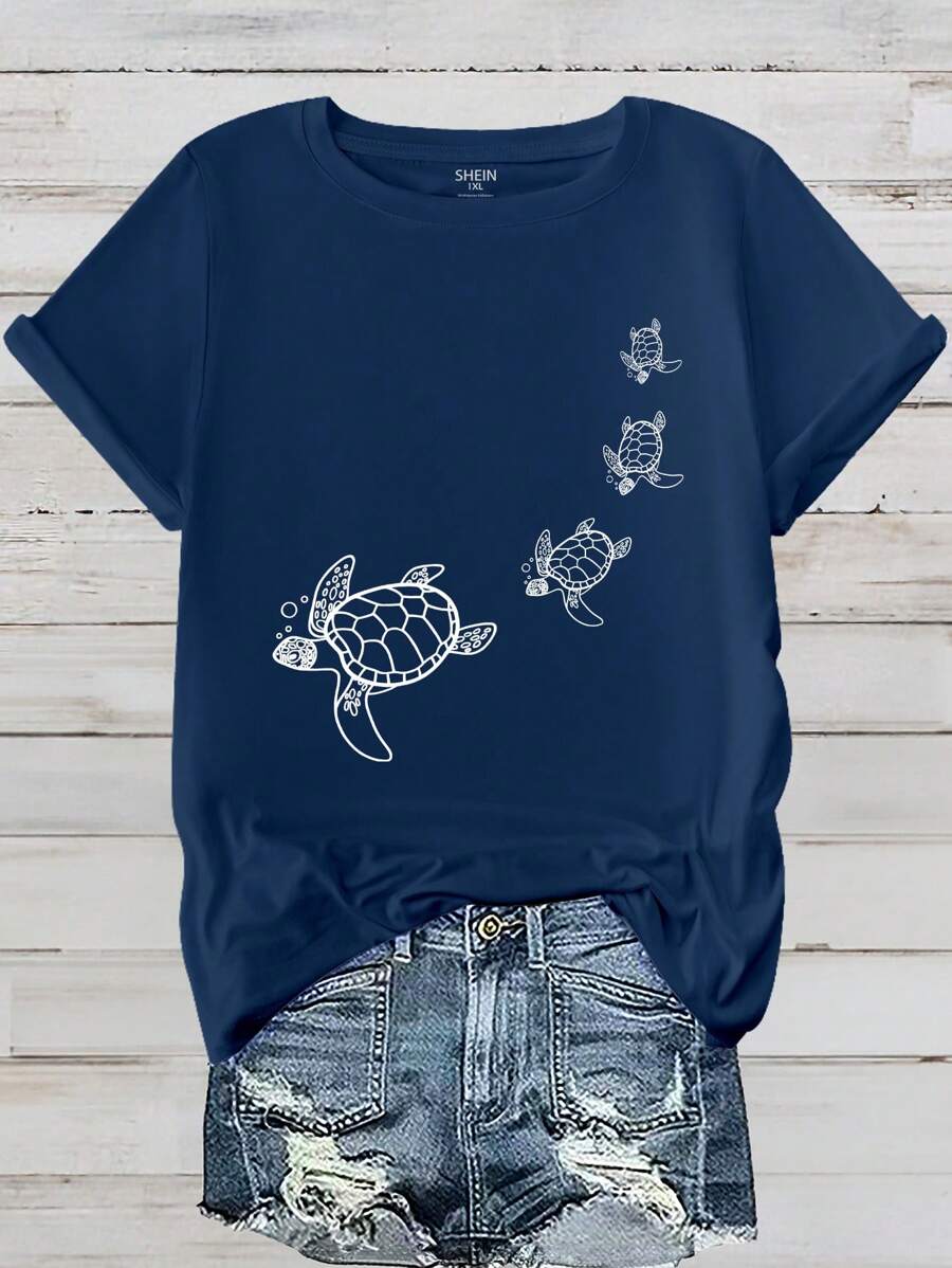 EMERY ROSE Plus Size Summer Turtle Printed Short Sleeve Round Neck T-Shirt, Graphic Tee, Women Top - Navy Blue - View 1