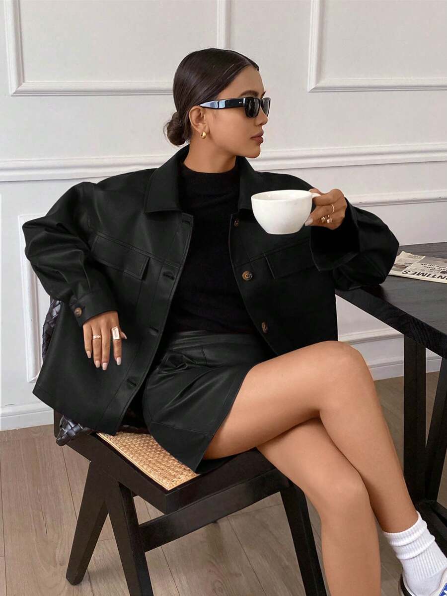 Siren Gaze 2pcs Set - Women Plain Button Front Long Sleeve Top And Mini Skirt Winter Black Casual Spring - Black - View 1