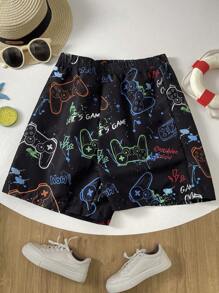 SHEIN 青少年男孩休闲百搭电子游戏图案印花紧身短裤、沙滩裤/泳裤 - 彩色 - 查看 3
