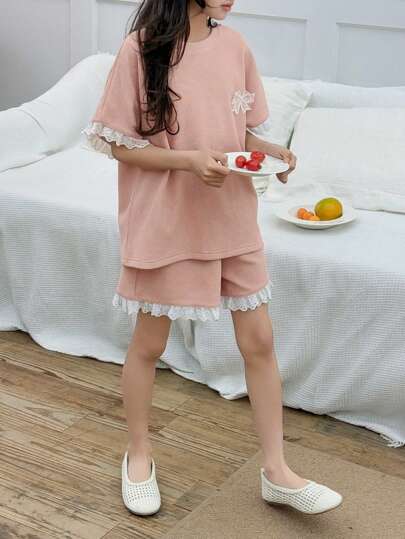 DAZY 2 件套青少年女孩圆领针织拼布短袖春夏装，返校服