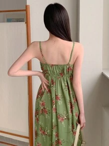 DAZY 女士碎花吊带中长裹身连衣裙，挤奶女工连衣裙，度假装扮 - 綠色 - 查看 5