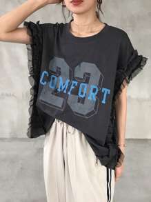 FRIFUL Women's Round Neck Mesh Ruffle Patchwork Loose Letter Colorblock Print Biker Style T-Shirt - Grey - View 1
