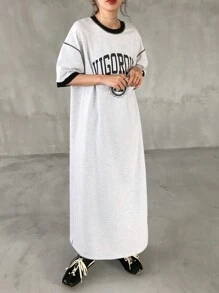 FRIFUL Women's Long Letter Printed Dress With Contrast Trim, Summer Wear Sundress,Casual Women Dresses