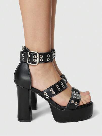 Grunge Punk Women's Metal Punk Cross Pendant Chain Block Heel Platform High Heel Sandals, Casual Rock Punk Campus Wear Spring Shoes Spring Break Easter Prom Heels