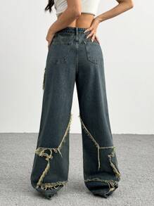 SHEIN EZwear Fashionable Contrast Color Block Star Pattern Frayed Hem Wide Leg Jeans - Dark Wash - View 2