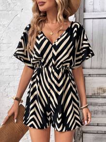SHEIN LUNE V-Neck Cinched Waist Zebra Striped Ripple Jumpsuit