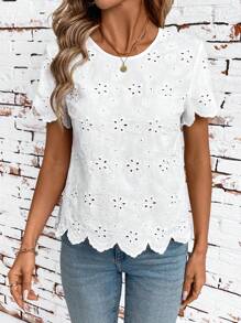 Ellevyn 女士圆领烂花刺绣短袖休闲衬衫 - 白色 - 查看 7
