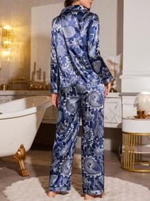 LuxeNights Conjunto de pijama de mujer con estampado de plantas marinas de manga larga y pantalón largo
