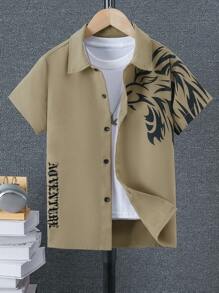 SHEIN Tween Boy Fierce Lion Head Print Button-Down Shirt, And Stylish - Khaki - View 1