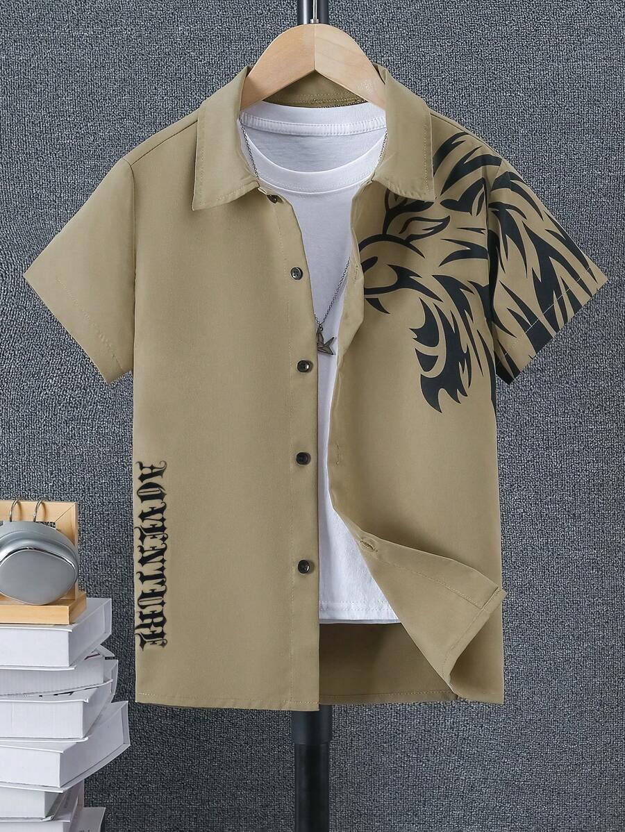 SHEIN Tween Boy Fierce Lion Head Print Button-Down Shirt, And Stylish - Khaki - View 1