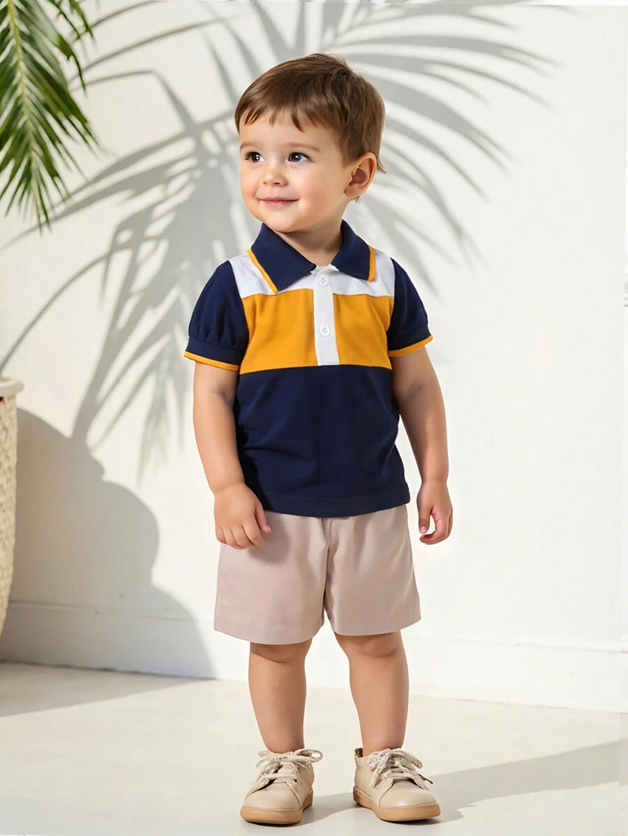 SHEIN Toddler Boys' Casual Contrast Color Block Short Sleeve Polo Shirt & Shorts Set, Spring/Summer - Royal Blue - View 1