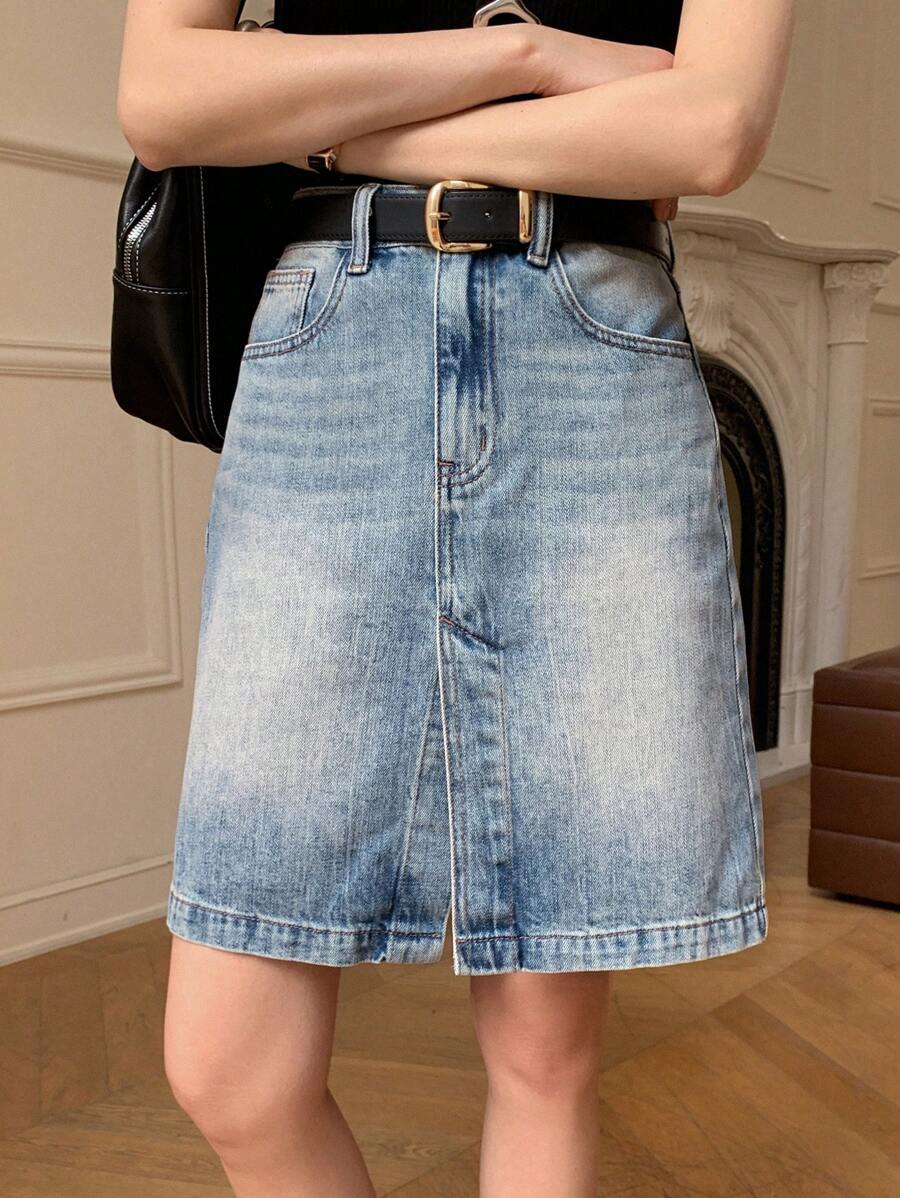 DAZY Women's Button Front Pocket Casual Denim Mini Skirt, Everyday Wear Jeans Skirt - Medium Wash - View 1