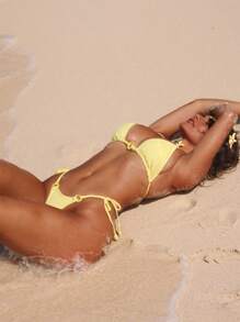 Swim SXY Damen Sommer Badeanzug Set mit einfarbigem Halsknoten, strukturiertem Gewebe, rundem Ring, sexy Bikini