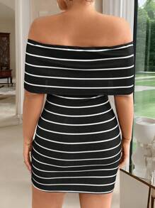 Calvaya Plus Size Black & White Striped Slim-Fit Off The Shoulder Stretchy Knit Jumpsuit, Elegant For Summer