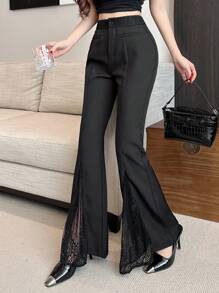 DAZY 女式优雅纯色蕾丝拼布喇叭裤女式正装裤 - 黑色 - 查看 7