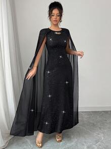 Calvaya Women's Holiday Gathering Party Banquet Solid Chiffon Sequin Cape Dress Black Round Neck Metal Button Decoration Long Slim Elegant Dress Women's Dress