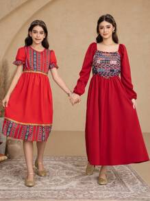 1pc Tween Girls' Red Retro Print Patchwork Cinched Waist Bubble Sleeve Spring/Summer Vacation Dress - Red - View 7