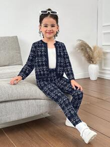 SHEIN Bộ 2 món Nova Glow Áo khoác kẻ caro đan cho bé gái và quần legging đan cùng màu - Màu xanh lam - Xem 3