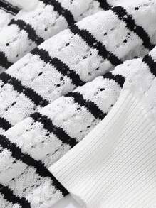 FRIFUL Women Stripe Round Neck Short Sleeve Tie-Up Thin Cardigan - White - View 8