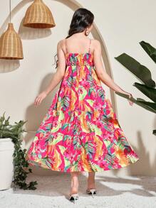 SHEIN 少女宰牲节、国庆假期、假日热带植物印花蕾丝吊带大 A 字裙 - 彩色 - 查看 2