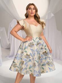 SHEIN Belle Plus Size Elegant Jacquard Taffeta Patchwork Ruffle Sleeve Sweetheart Neck Drawstring Short Party Dress, Wedding Guest Dress, Prom Dress