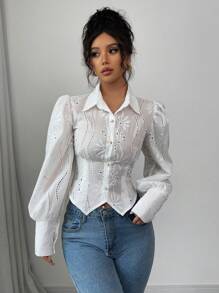 Elenzga Valentine's Day New Arrival Women's Jacquard Embroidery Floral Romantic Puff Sleeve Blouse, Elegant Versatile Slim Fit Hollow Pattern White Long Sleeve Shirt