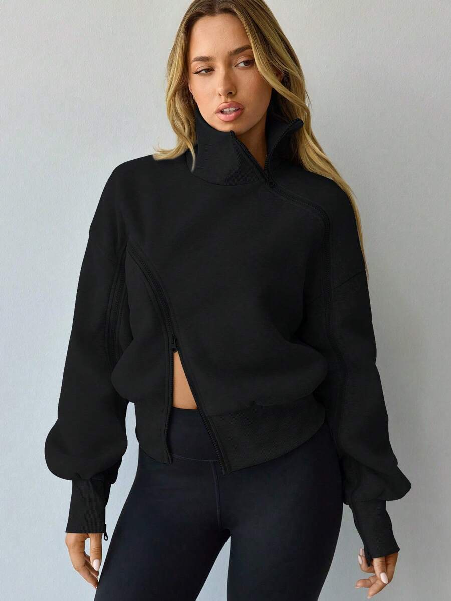 Hanevo 女式灯笼袖拉链保暖衬里运动衫，毕业典礼、教师、返校套头衫秋季 - 黑色 - 查看 1