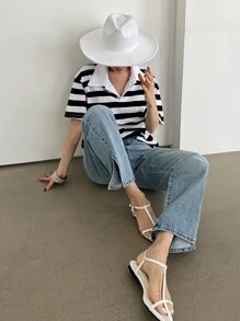 DAZY Women's Colorblock Striped Oversized Short Sleeve T-Shirt With Turndown Collar, Black & White, Spring/Summer, College Stripes