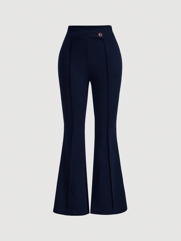 SHEIN MOD High Waist Flare Leg Navy Toothpick Pleats Pants