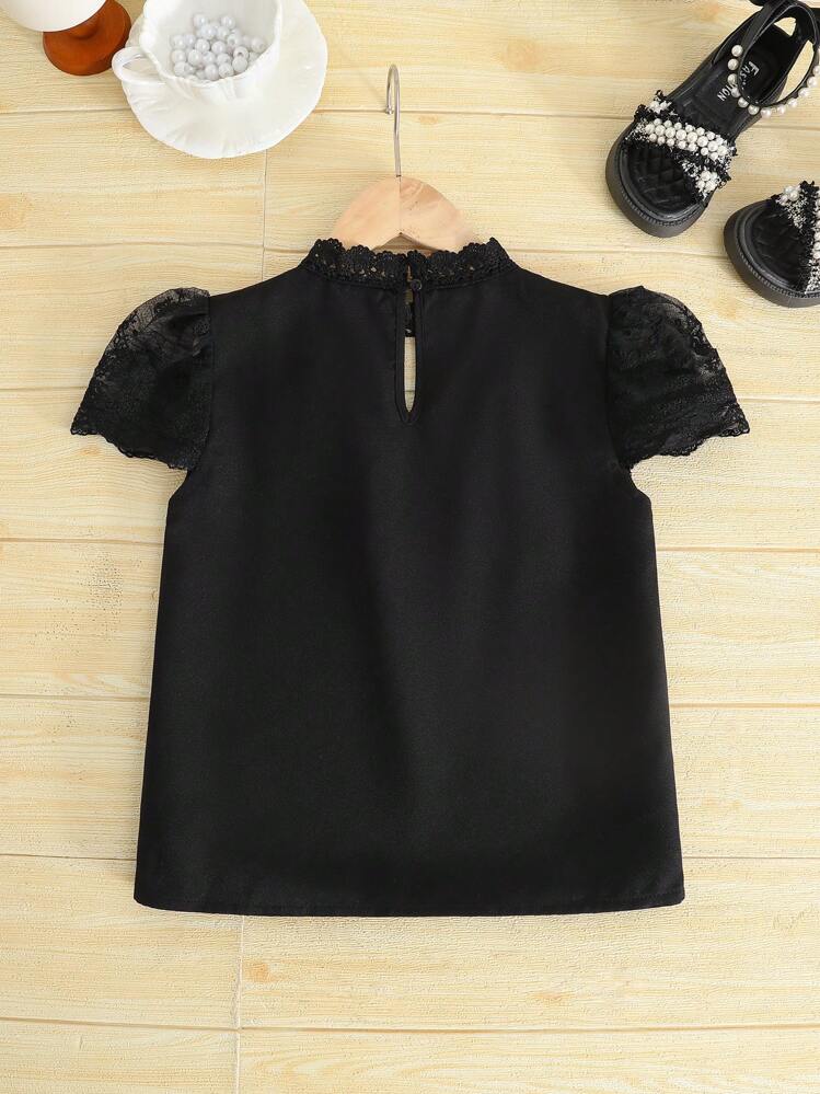 SHEIN Tween 女童休闲编织蕾丝短袖黑色衬衫 - 黑色 - 查看 2