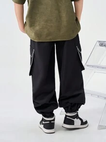 SHEIN 青少年春夏时尚抽绳腰休闲翻盖口袋工装裤，街头风长款宽松黑色裤子 - 黑色 - 查看 2