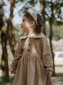 SHEIN Vestido de corduroy color caqui con estampado floral de estilo rural para niña, para otoño/invierno - Caqui - Ver 3
