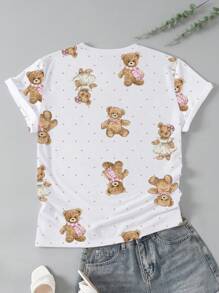 INAWLY 大码休闲宽松熊和波尔卡圆点印花短袖 T 恤