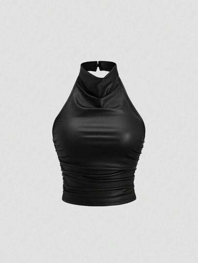 Sweetra Women Coated Pleated Mock Neck Solid Color Tank Top, Versatile For Casual And Commute Y2K 