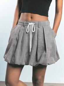 Maija Falda plisada con cintura anudada a cuadros gris, tipo línea A, con bolsillos laterales, casual y versátil para primavera, verano y otoño