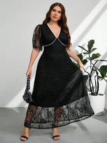 Firerie Plus Size Women's Short Sleeve Backless Contrast Color "Valentine Lover" Black Lace Dress