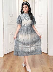 Teen Girls Floral Print Round Neck Ruffle Sleeve Elegant Vintage Dress