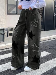 SHEIN ICON 大码女式前扣口袋五角星休闲牛仔裤 - 深灰色 - 查看 3