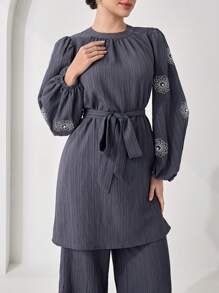 Veilorie Women Floral Embroidered Lantern Sleeve Top And Pants Arabic Style 2 Pieces Set,Modest